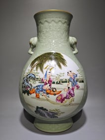 A Rare Famille-Rose Celadon Glazed Lotus and Character and Story Pattern Elephant-Ears Vase