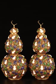 A Pair of Rare Gilt Bronze Inlaid White Jade Gourd Pattern Gourd-Shaped Vases