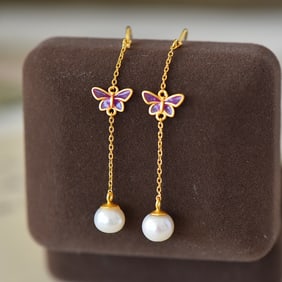A Pair of Exquisite Sterling Silver-Gold Plated Inlaid Pearl Enamel Earrings