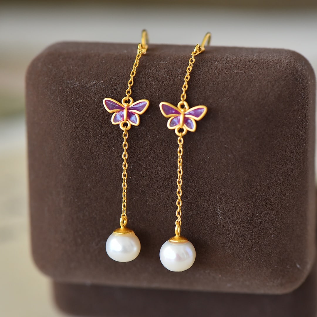 A Pair of Exquisite Sterling Silver-Gold Plated Inlaid Pearl Enamel Earrings