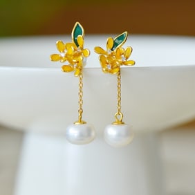 A Pair of Exquisite Sterling Silver-Gold Plated Inlaid White Jade Enamel Earrings, Inlaid Pearl