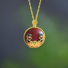 An Exquisite Sterling Silver-Gold Plated Inlaid Cinnabar Pendant