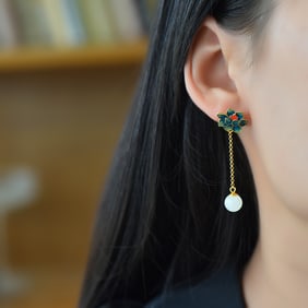A Pair of Exquisite Sterling Silver-Gold Plated Inlaid White Jade Earrings