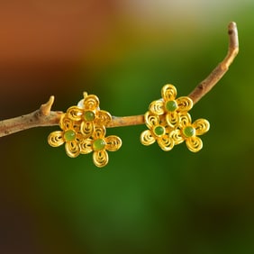 A Pair of Exquisite Sterling Silver-Gold Plated Inlaid Jasper Earrings
