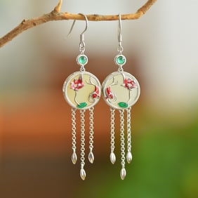A Pair of Exquisite Sterling Silver-Gold Plated Inlaid White Jade Earrings