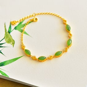 An Exquisite Sterling Silver-Gold Plated Inlaid Jasper Bracelet,Inlaid Diamond