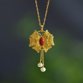 An Exquisite Sterling Silver-Gold Plated Inlaid Cinnabar Pendant