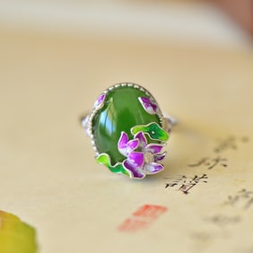 An Exquisite Sterling Silver Inlaid Jasper Enamel Ring,Inlaid Diamond