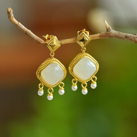 A Pair of Exquisite Sterling Silver-Gold Plated Inlaid White Jade Earrings, Inlaid Pearl