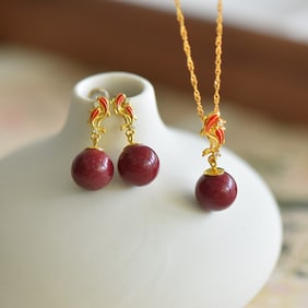 A Set of Fine Sterling Silver-Gold Plated Inlaid Cinnabar Jewelry