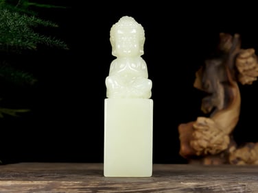 An Exquisite White Jade Buddha Statue Seal