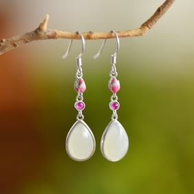 A Pair of Exquisite Sterling Silver Inlaid White Jade Enamel Earrings