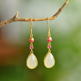 A Pair of Exquisite Sterling Silver-Gold Plated Inlaid White Jade Enamel Earrings