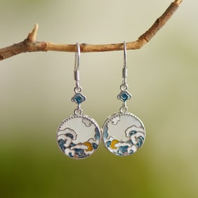 A Pair of Exquisite Sterling Silver Inlaid White Jade Enamel Earrings