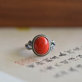 An Exquisite Sterling Silver Inlaid Cinnabar Ring