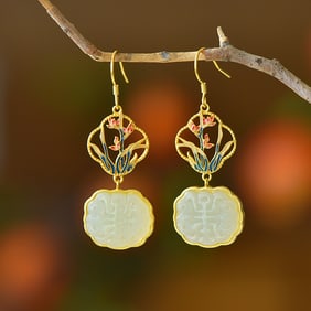 A Pair of Exquisite Sterling Silver-Gold Plated Inlaid White Jade Enamel Earrings