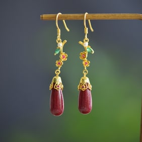 A Pair of Exquisite Sterling Silver-Gold Plated Inlaid Cinnabar Earrings