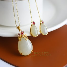 A Set of Fine Sterling Silver-Gold Plated Inlaid White Jade Jewelrys