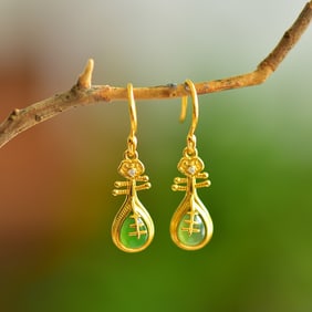 A Pair of Exquisite Sterling Silver-Gold Plated Inlaid Jasper Earrings