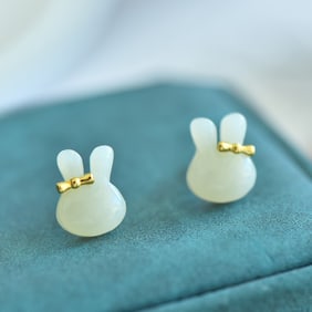 A Pair of Exquisite Sterling Silver-Gold Plated Inlaid White Jade Earrings