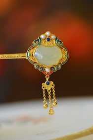 An Exquisite Sterling Silver-Gold Plated Inlaid White Jade Hairpin,Inlaid Pearl