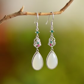 A Pair of Exquisite Sterling Silver Inlaid White Jade Earrings