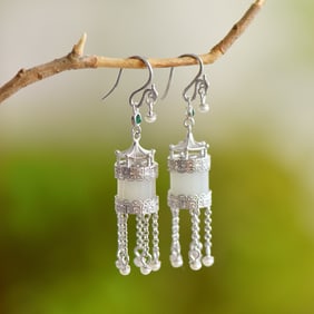 A Pair of Exquisite Sterling Silver Inlaid White Jade Earrings