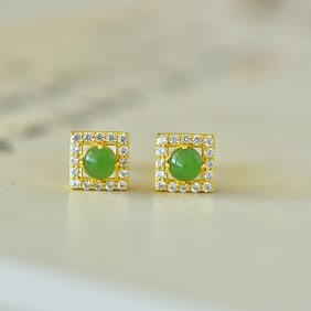 A Pair of Exquisite Sterling Silver-Gold Plated Inlaid Jasper Earrings,Inlaid Diamond