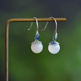 A Pair of Exquisite Sterling Silver Inlaid Agate Earrings