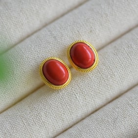 A Pair of Exquisite Sterling Silver-Gold Plated Inlaid Cinnabar Earrings