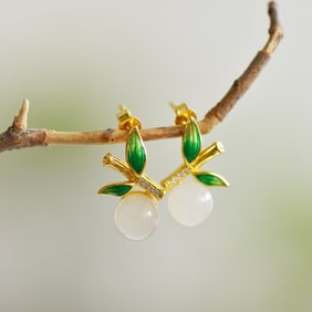 A Pair of Exquisite Sterling Silver-Gold Plated Inlaid White Jade Enamel Earrings