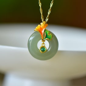 An Exquisite Sterling Silver-Gold Plated Inlaid Greenish Jade Enamel Pendant