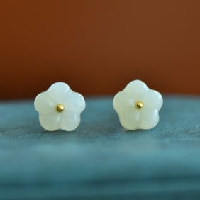 A Pair of Exquisite Sterling Silver-Gold Plated Inlaid White Jade Earrings