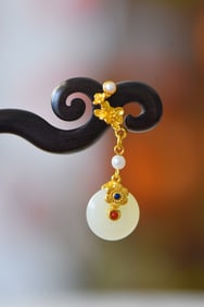 An Exquisite Sterling Silver-Gold Plated Inlaid White Jade Ebony Hairpin,Inlaid Pearl