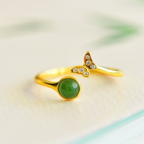 An Exquisite Sterling Silver-Gold Plated Inlaid Jasper Ring,Inlaid Diamond