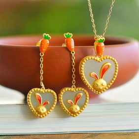 A Set of Fine Sterling Silver-Gold Plated Inlaid White Jade Jewelrys