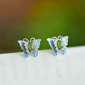 A Pair of Exquisite Sterling Silver Inlaid Jasper Enamel Earrings