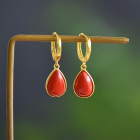 A Pair of Exquisite Sterling Silver-Gold Plated Inlaid Cinnabar Earrings