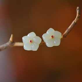 A Pair of Exquisite Sterling Silver-Gold Plated Inlaid White Jade Earrings