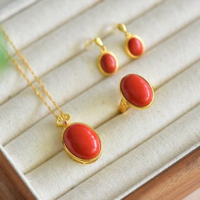 A Set of Fine Sterling Silver-Gold Plated Inlaid Cinnabar Jewelry