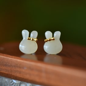 A Pair of Exquisite Sterling Silver-Gold Plated Inlaid White Jade Earrings