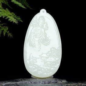 An Exquisite White Jade Statue of Avalokitesvara Pendant