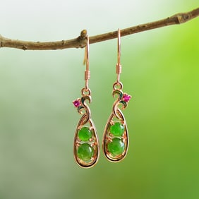 A Pair of Exquisite Sterling Silver-Gold Plated Inlaid Jasper Earrings