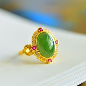 An Exquisite Sterling Silver-Gold Plated Inlaid Jasper Ring,Inlaid Diamond