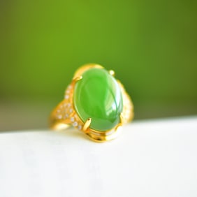 An Exquisite Sterling Silver-Gold Plated Inlaid Jasper Ring,Inlaid Diamond