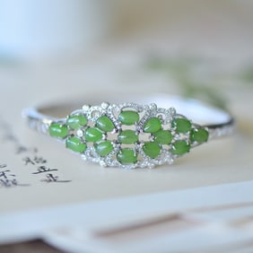An Exquisite Sterling Silver-Gold Plated Inlaid Jasper Bracelet,Inlaid Diamond