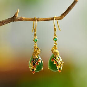 A Pair of Exquisite Sterling Silver-Gold Plated Inlaid Jasper Earrings,Inlaid Diamond
