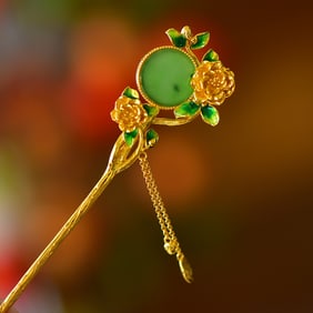 An Exquisite Sterling Silver-Gold Plated Inlaid Jasper Enamel Hairpin
