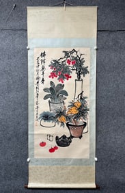A Chinese Vertical Scroll Ink Painting of Flower and Fruit on Paper,Wu Changsuo