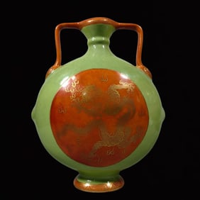 An Exquisite Green Glazed Painted Gold Drago Pattern Double-Ears Vase